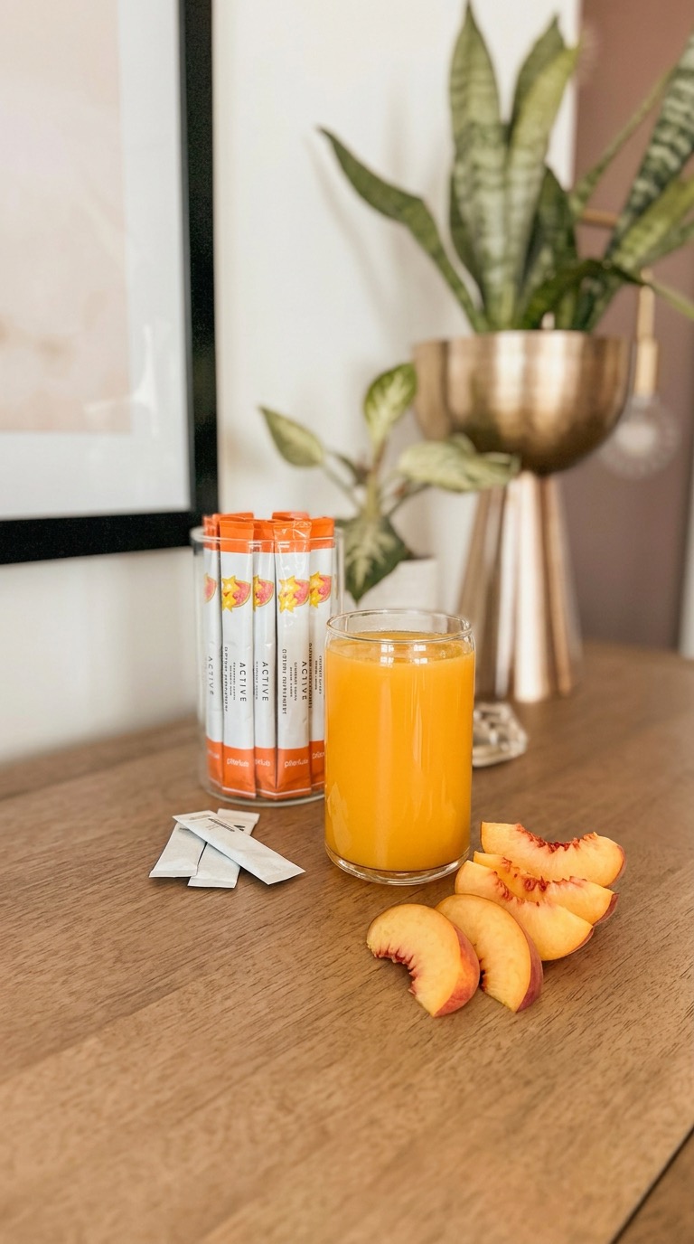 Active energy drink with peach slices on a wood table