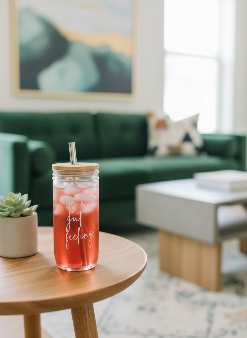 Gut health drink on a side table in a bright living room