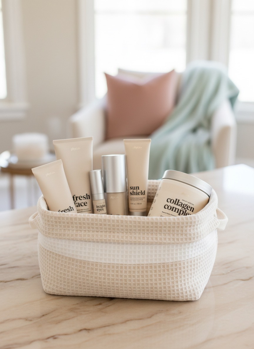 Plexus skincare ritual — Fresh Face, Bright Eyes, Sun Shield, and Collagen Complex in a woven basket